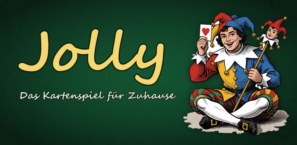 Der Jolly, ein lachender Hofnarr in Rot, Gelb und Blau mit Schellenkappe, hält eine Herzkarte. Dazu der Schriftzug „Jolly. Das Kartenspiel für Zuhause“.