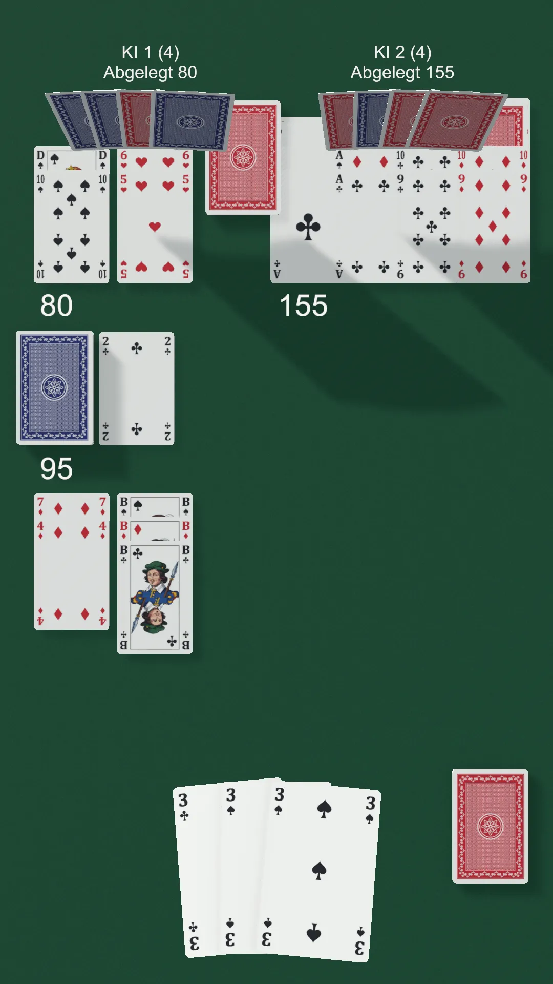 Der Spieltisch auf dem Handy: grüner Filz, ausgelegte Kartensätze der Mitspieler oben und links, die eigene Hand als Fächer unten.
