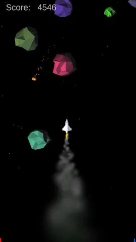 Gameplay of the 2017 version: a small white ship with an exhaust trail between coloured low-poly asteroids