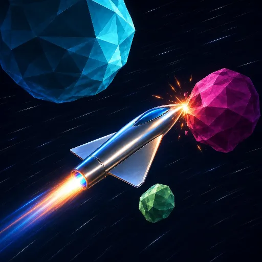 App icon of Bouncy Rocks, a silver rocket crashing into a pink low-poly asteroid