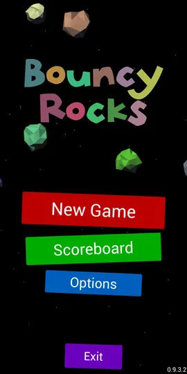 Main menu of an earlier version: the colourful, slightly crooked Bouncy Rocks title above four coloured buttons, with low-poly asteroids drifting in the background