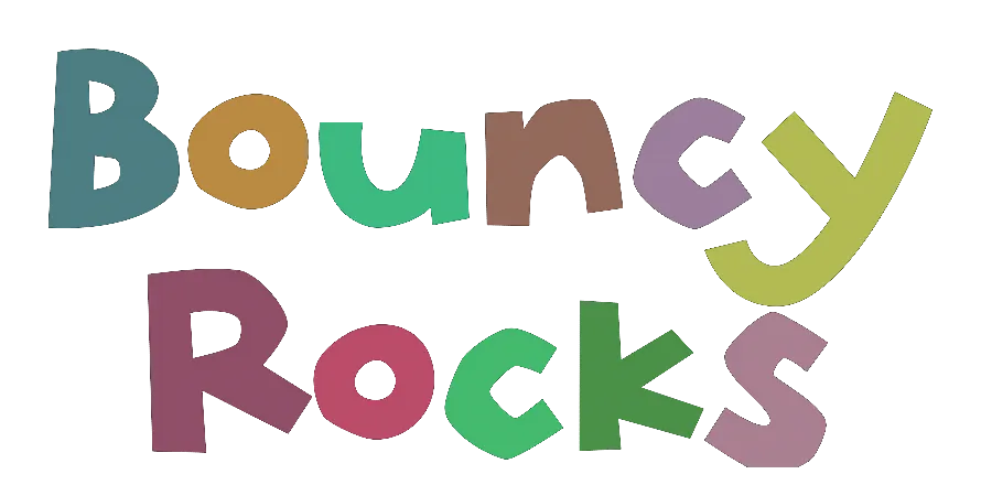 The Bouncy Rocks title, each letter a crooked rock in a different soft colour